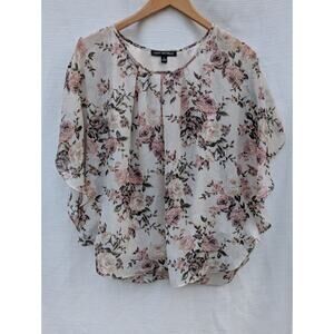 Sara Michelle Womens Floral Flutter Sleeve Blouse Sz L Sheer Whimsical‎ Romantic